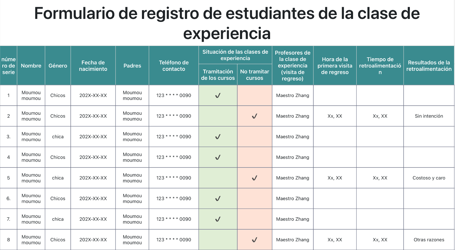 Formulario de registro de estudiantes de la clase de experiencia